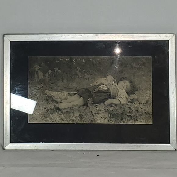 Vintage B&W Print Boy Sleeping in Grass Scene Framed Wall Art Countryside 17x10 - Picture 2 of 4